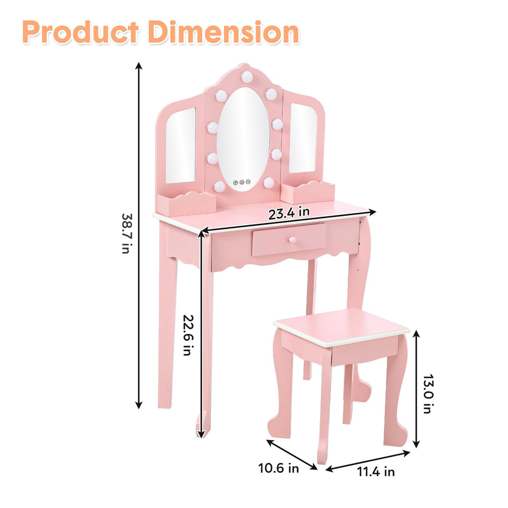 Garvee Kids Vanity with Lighted Mirror, Little Girls Vanity Table & Stool, Kids Makeup with Tri-Fold Mirror, Drawer & Storage Grid for 3-9 Yrs Girls, Pink