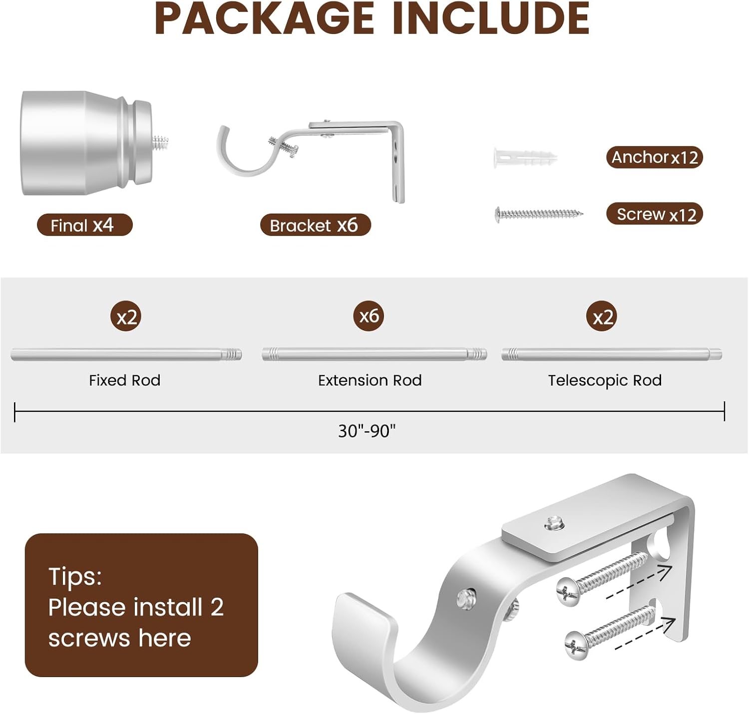 Regine Switzerland 1” Diameter Silver Curtain Rod - Adjustable 30-90 Inch, Heavy Duty 2 Pack for Windows
