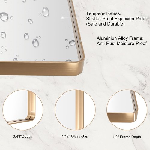 LOAAO Gold Bathroom Mirror - 60”X36” Rounded Rectangle Design | Wall-Mounted, Anti-Rust Tempered Glass