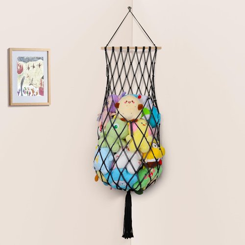 Stuffed Animal Storage Net, 68 Inch Jumbo Macrame Vertical Stuffed Animals Hammock Corner, Wall Ceiling Hanging Stuffy Hammock Plushie Holder Display for Kid Boy Girl Gift Boho Nursery Decor (Black)
