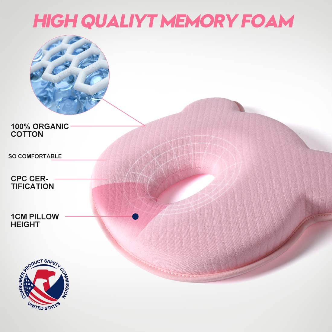 BIKBOK New Memory Foam Soft and Cozy Pillow Head Neck Support Pillow for Car Seat Breathable Bedding Set (Pink)
