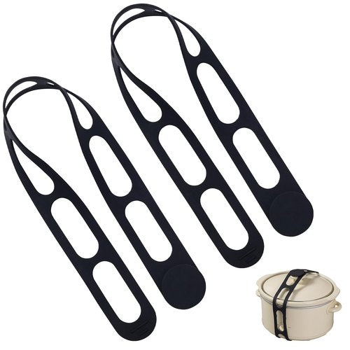 Fewoaei Silicone Latch Strap for Slow Cooker Lid, Pot & Food Storage - 2-Pack Black, Reusable Universal Lid Lock & Adjustable Silicone Straps for Cooking