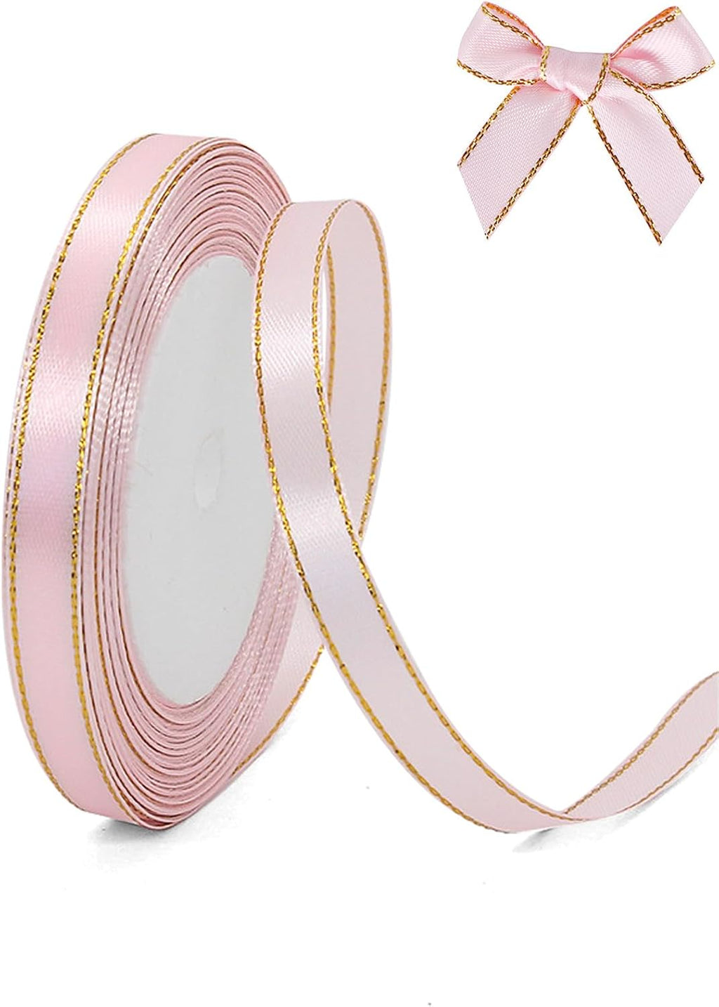 Skiennix Light Pink Satin Ribbon - Gold Edges for Spring Gift Wrapping & DIY Crafts | 25 Yds x 3/8 in