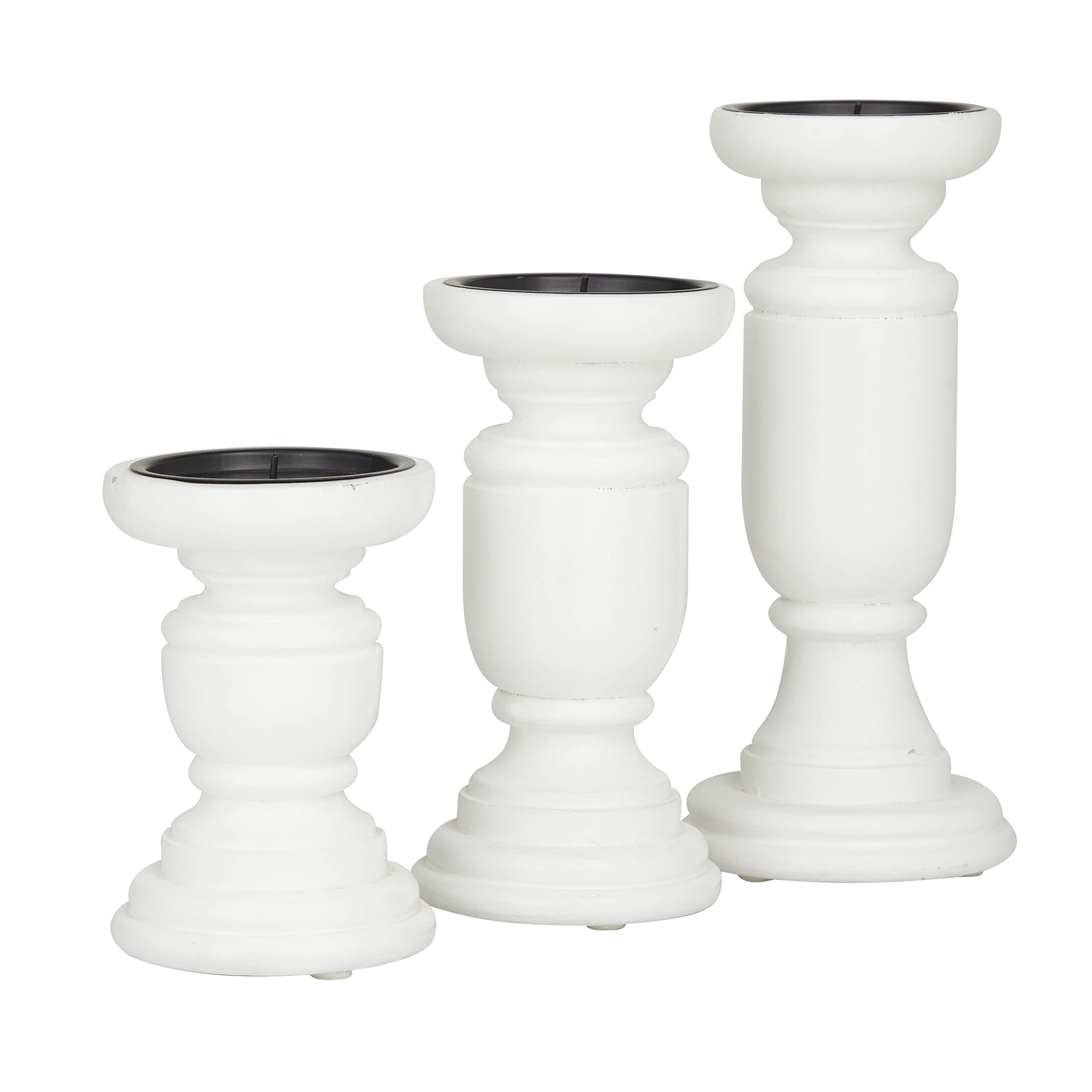 Deco 79 Mango Wood Turned Style Pillar Candle Holder, Set of 3 10", 8", 6"H, White
