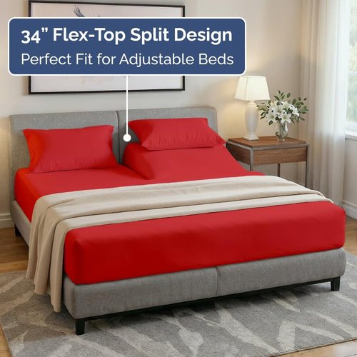 Flex Top Split Head King Sheet Set - Comfy, Breathable & Cooling Luxury Bedding - Ultra-Soft, Deep Pockets, Oeko-Tex Certified - Red