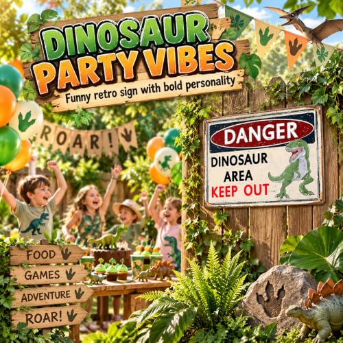 Dinosaur Danger Sign for Boys' Room - Vintage Metal Dinosaur Area Keep Out Sign, 8x12 Inches