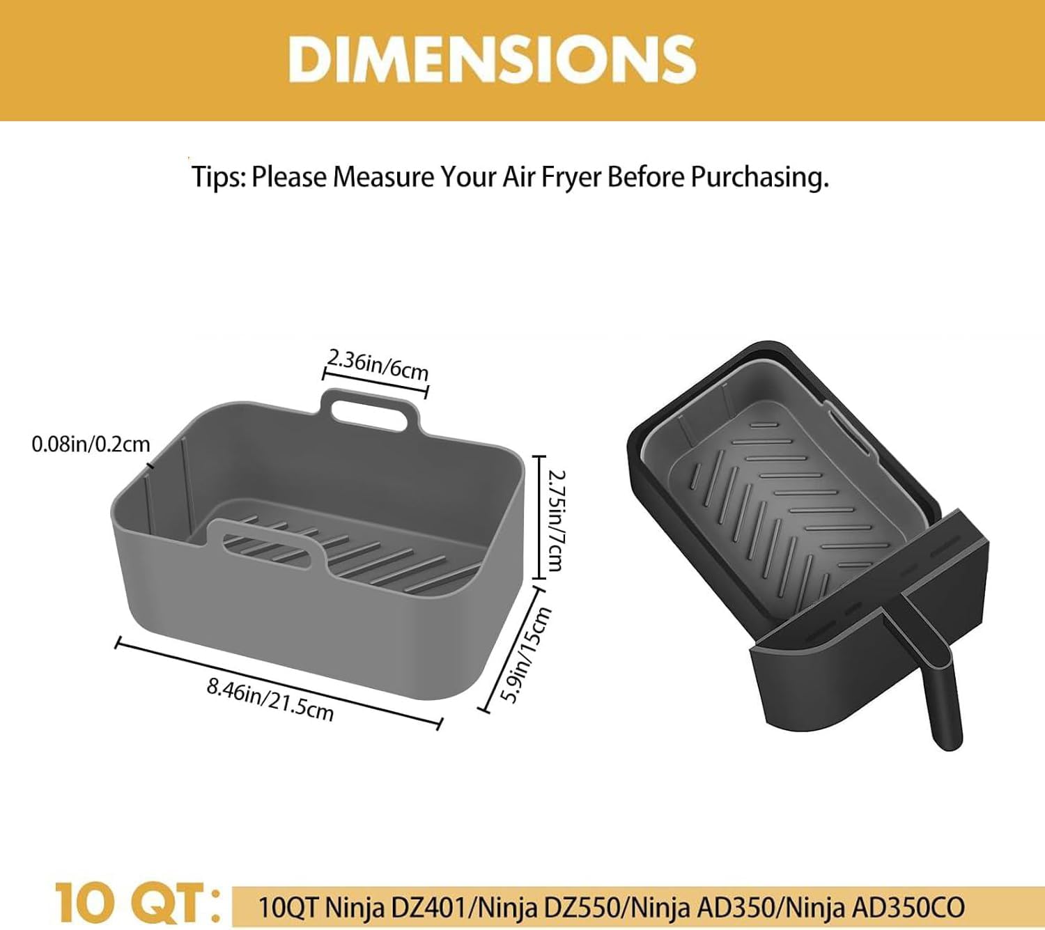 Skiennix Silicone Air Fryer Liners - Reusable Rectangular Basket Inserts for Ninja DZ550/DZ401 | 2 Pcs Grey