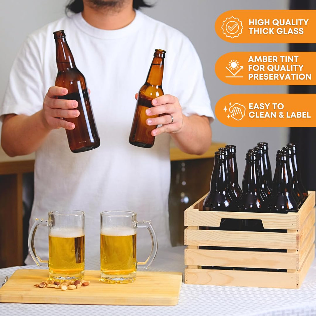 FastRack Amber Beer Bottles 22oz (Pack of 48) | Longneck Glass Beer Bottles with Pry-off Crown Finish for Home Brewing Mead, Cider & Kombucha | Durable Brewing Bottle & Bottling Kit