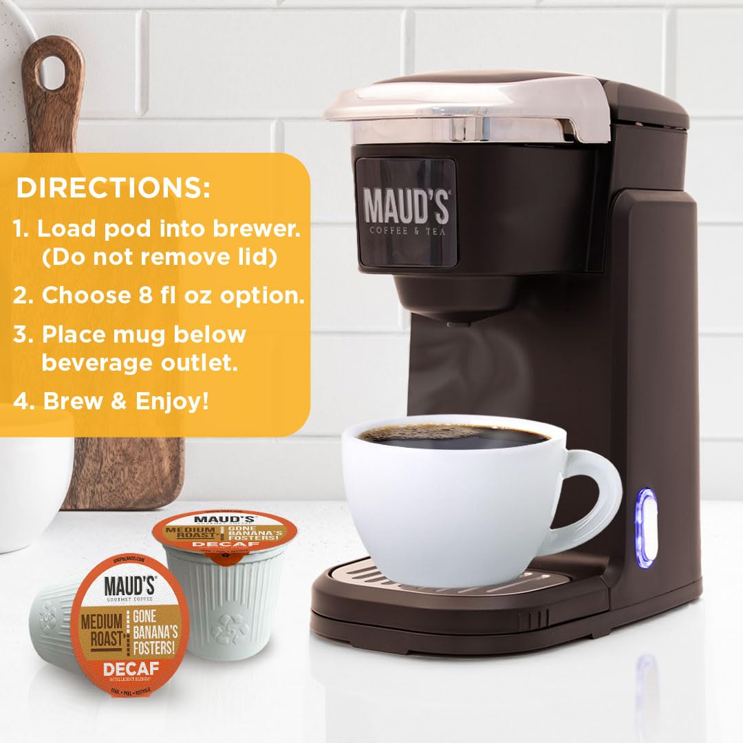 Maud's Decaf Banana Flavored Coffee Pods, 18 ct, Decaffeinated Medium Roast Flavored Coffee in Single Serve Pods – 100% Arabica Beans, Compatible with Keurig K Cups Maker