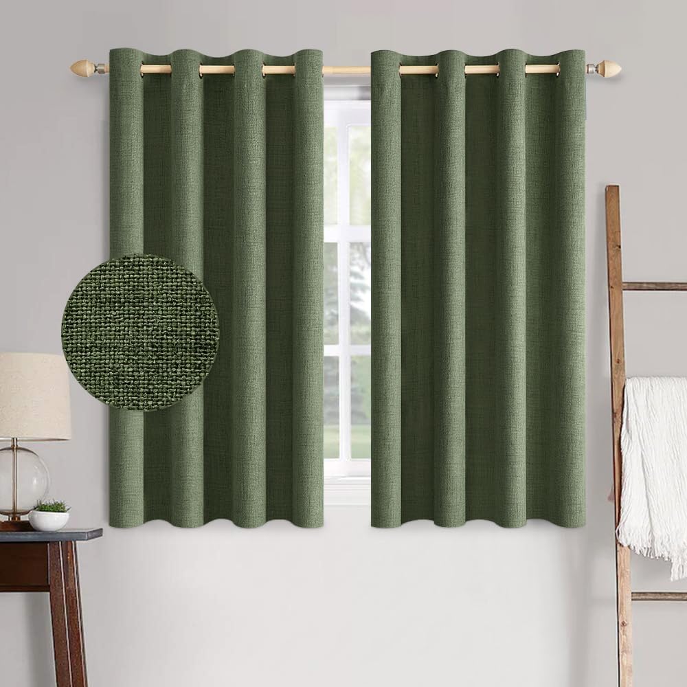 MIULEE 100% Blackout Linen Textured Curtains - Thermal Insulated Olive Green Drapes | 52 x 63 Inch (2 Panels)