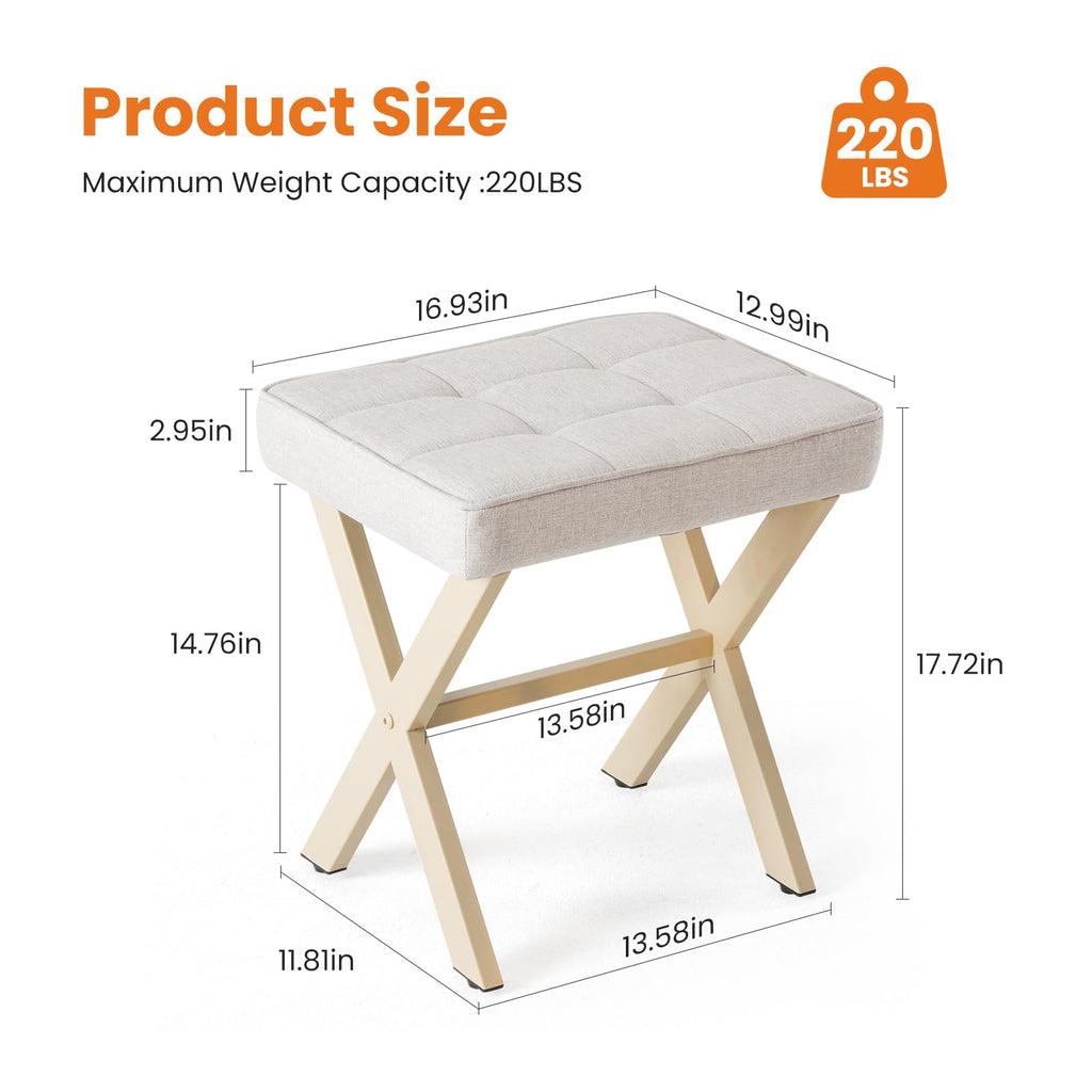 Sweetcrispy Vanity Stool Ottoman, Square Linen Makeup Stool Metal X Legs, Small Footstool Chair for Vanity, Modern Padded Seat Foot Rest for Makeup Room, Bathroom,Living Room, Entryway, Beige