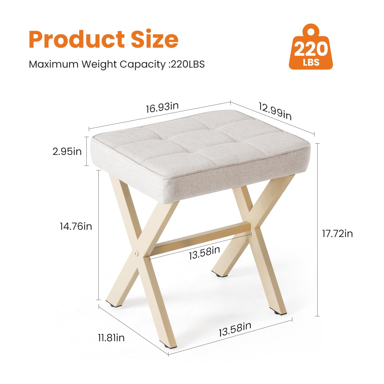 Sweetcrispy Vanity Stool Ottoman, Square Linen Makeup Stool Metal X Legs, Small Footstool Chair for Vanity, Modern Padded Seat Foot Rest for Makeup Room, Bathroom,Living Room, Entryway, Beige