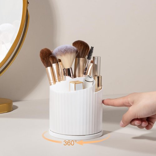 Anyoifax 360 Rotating Makeup Brush Holder Organizer 5 Slots Make Up Brushes Cup Flower-Shaped Spinning Pen Holder for Vanity, Cosmetics, Lipsticks, White