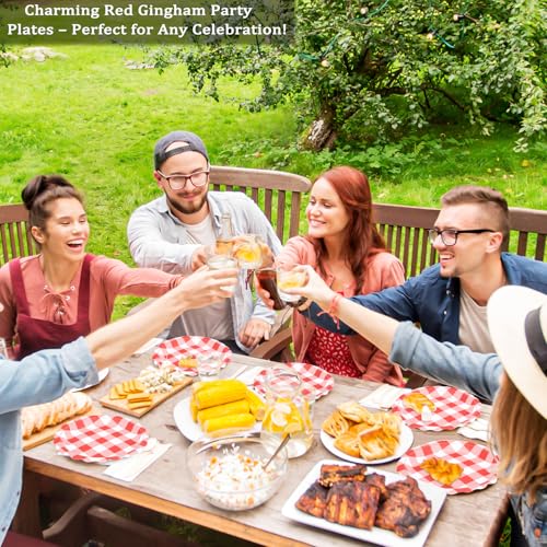 48 Pcs 7" Red Gingham Paper Plates, Disposable Checkered Party Tableware