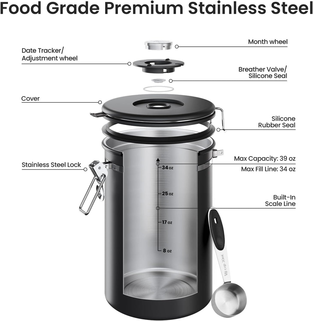 Veken Coffee Canister - Airtight Stainless Steel Food Storage Container | 39oz for Coffee, Sugar & Tea