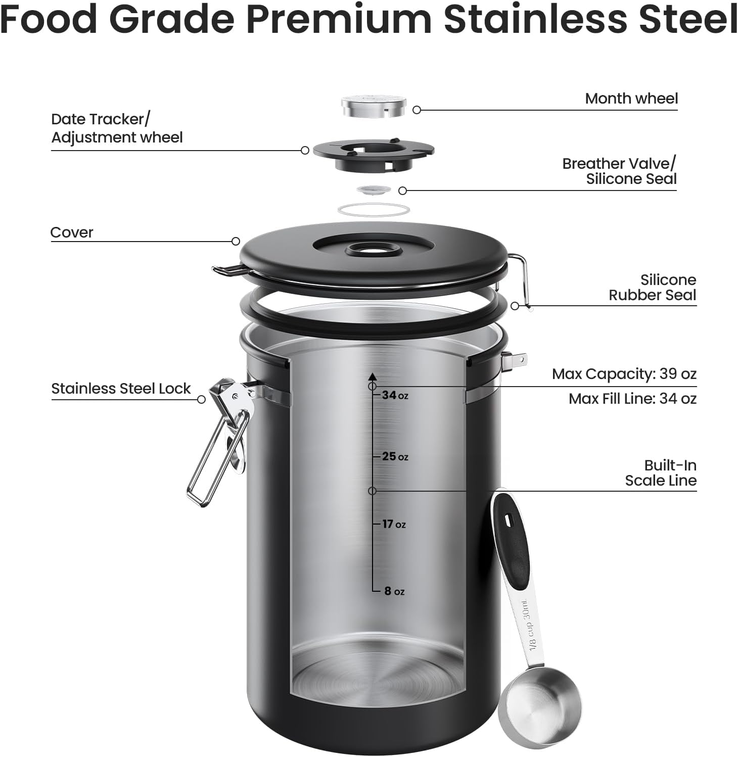 Veken Coffee Canister - Airtight Stainless Steel Food Storage Container | 39oz for Coffee, Sugar & Tea