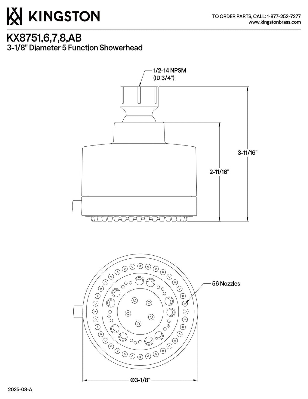 Kingston Brass KX8757 Vilbosch 3" Round 5-Function ABS Shower Head, Brushed Brass