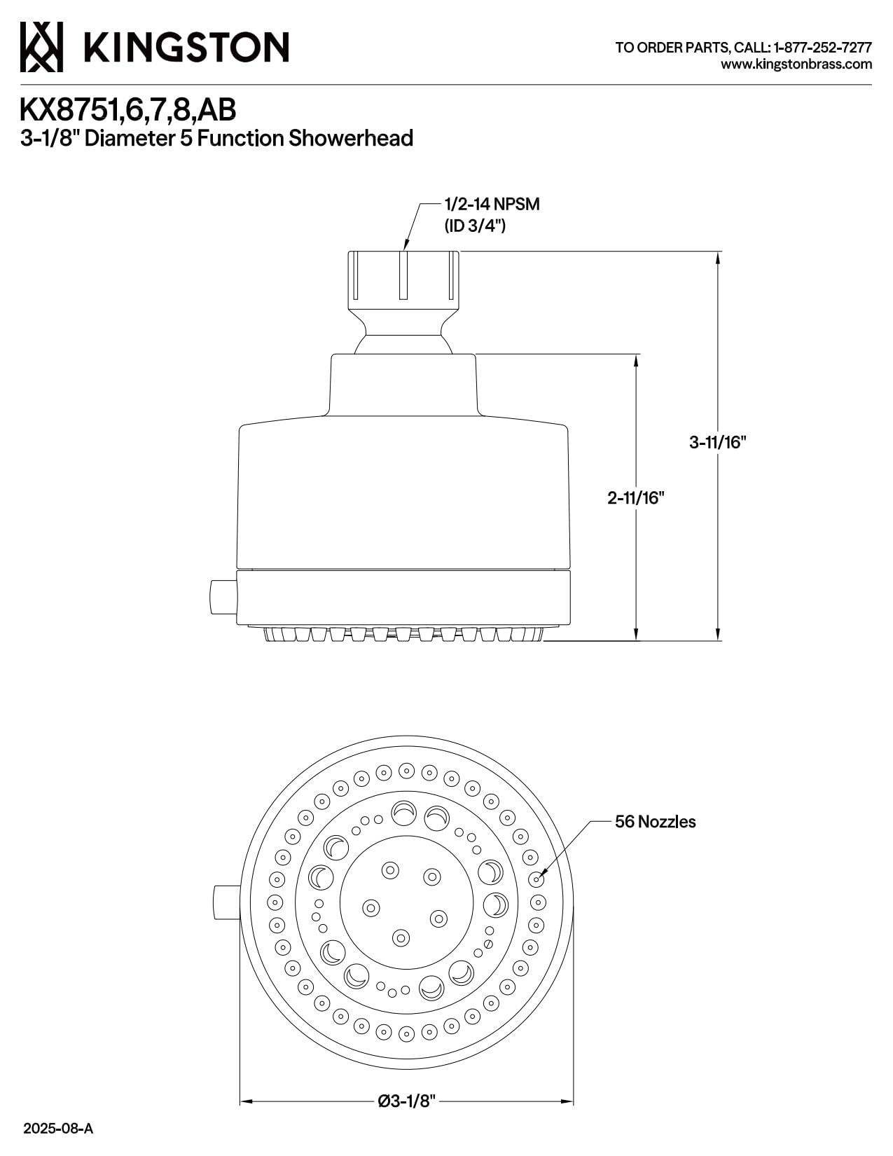 Kingston Brass KX8757 Vilbosch 3" Round 5-Function ABS Shower Head, Brushed Brass