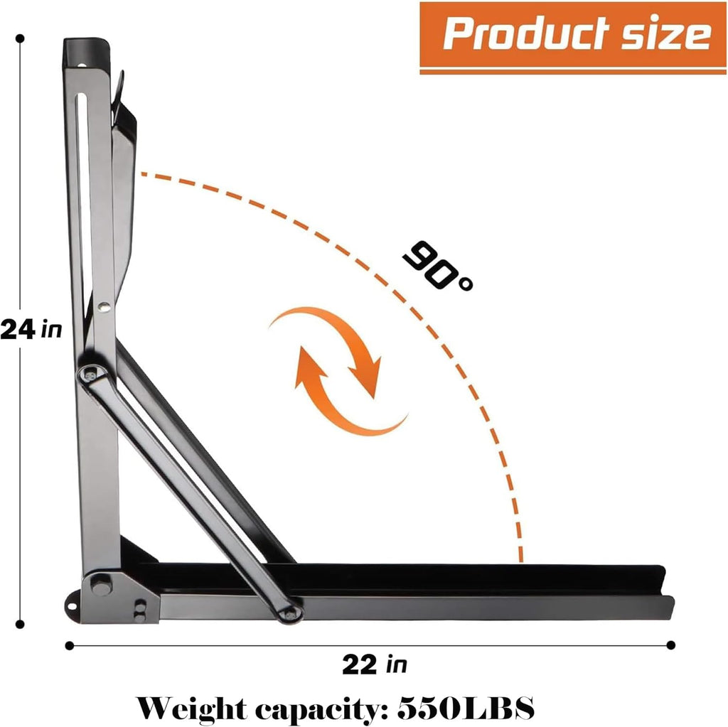 Ultrawall Heavy-Duty 24-Inch Black Folding Shelf Brackets - Adjustable Steel Design | Max Load 550 lbs
