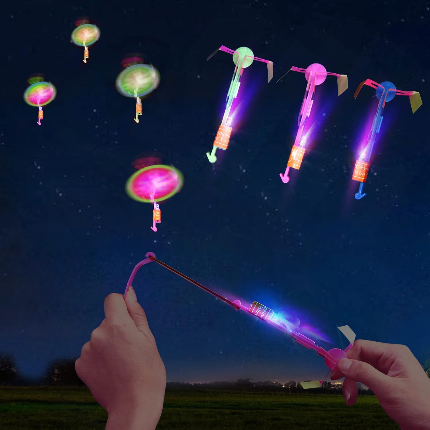 **LPVOQPTH LED Flying Toy Set - 25 Slingshot Glow Helicopters for Outdoor Fun | Glow in the Dark Party Favors for Kids (Ages 4-12)**