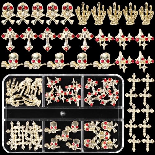 CESUSME 35 Pcs Gold Punk Nail Charms Alloy Skull Skeleton Hand Gems