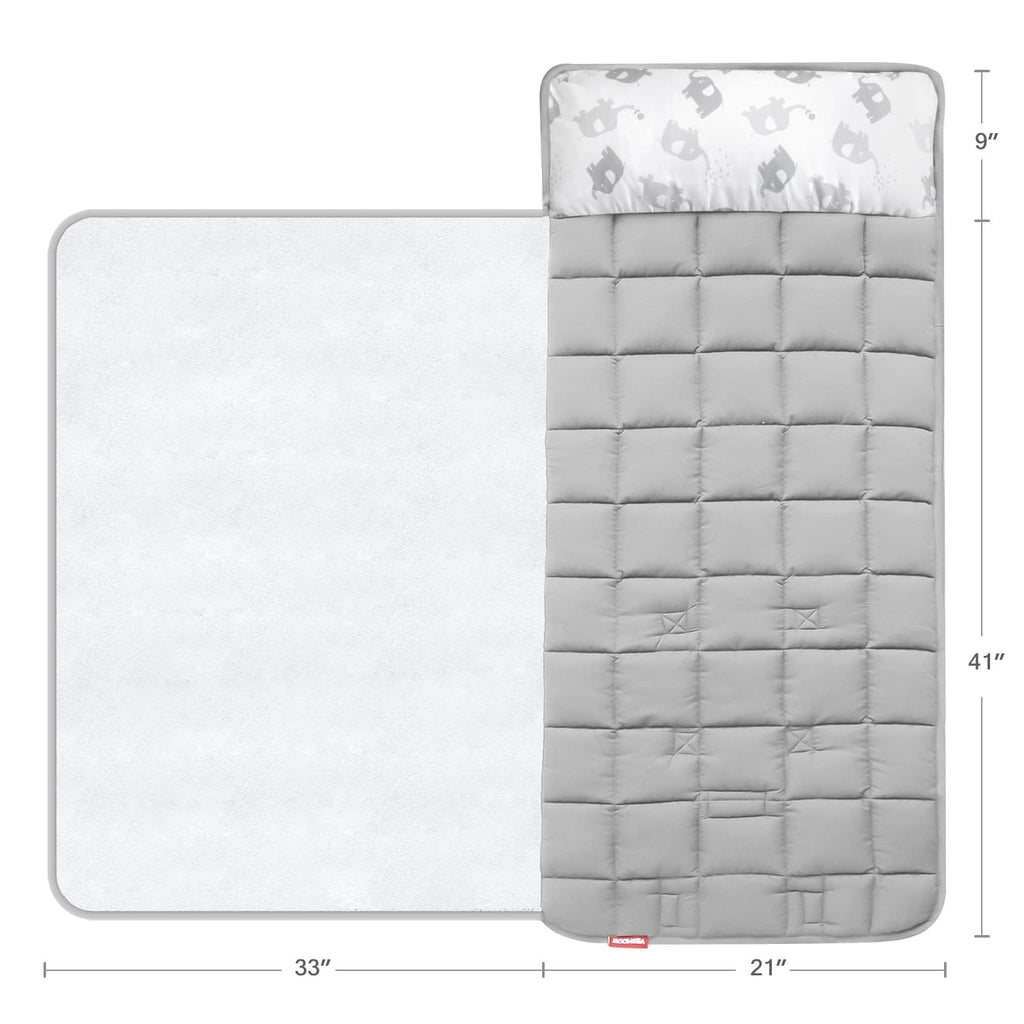 Moonsea Toddler Nap Mat with Fleece Minky Blanket, Lightweight, Soft Perfect for Kids Preschool, Daycare, Travel Sleeping Bag Boys and Girls, 21" x 50" Fit Standard Cot, Grey Elephant
