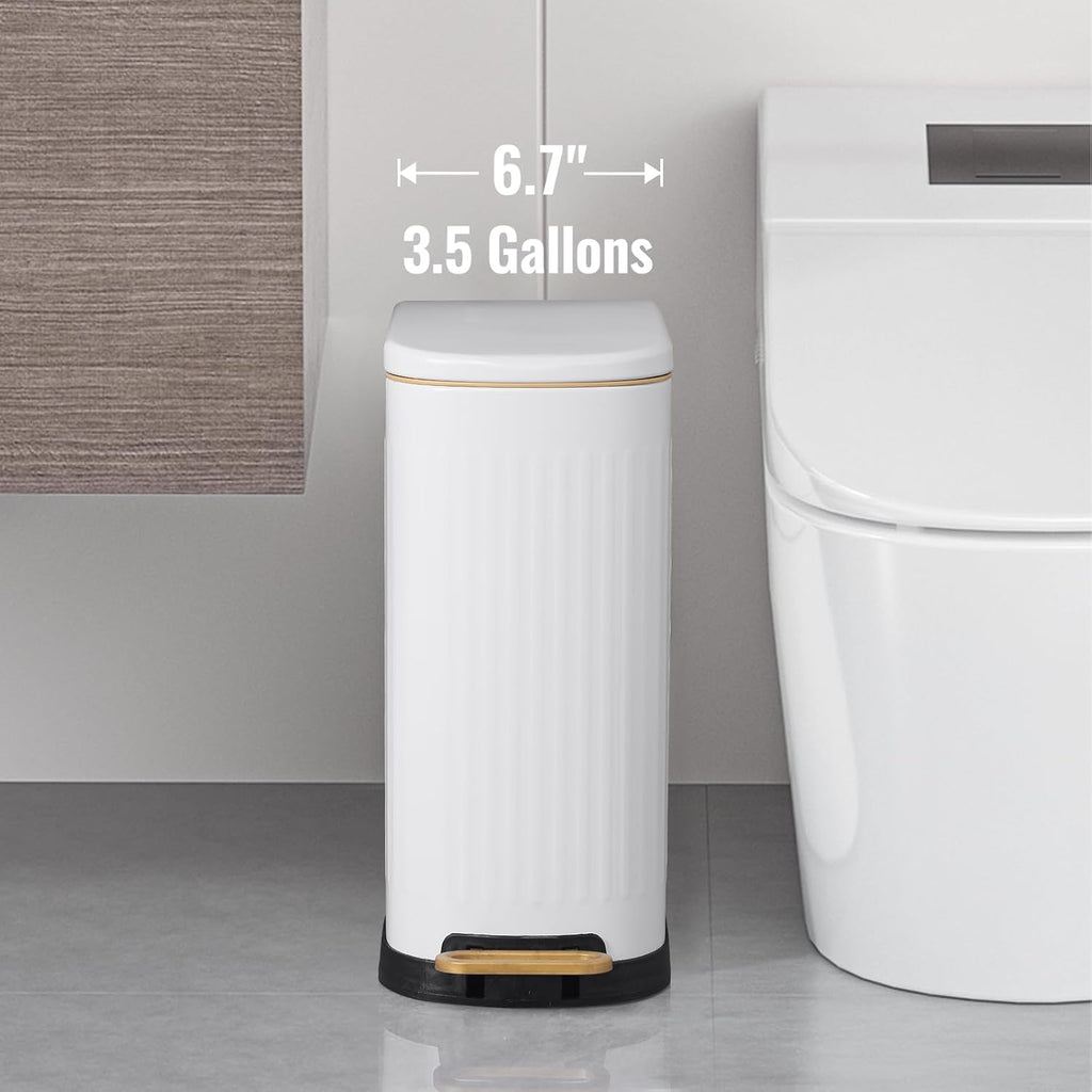 SYNCVIBE Slim Bathroom Trash Can - Soft Close Lid & Removable Inner Bucket | 3.5 Gallons, Matte White