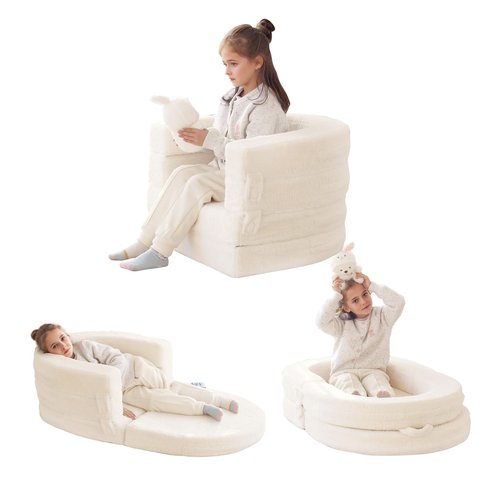 Welnow Travel Toddler Bed, 3-in-1 Convertible Toddler Portable Floor Beds, Kids Flip Out Foldable Sofa Bed with Washable Cover & High-Density Foam for Girls and Boys, Beige