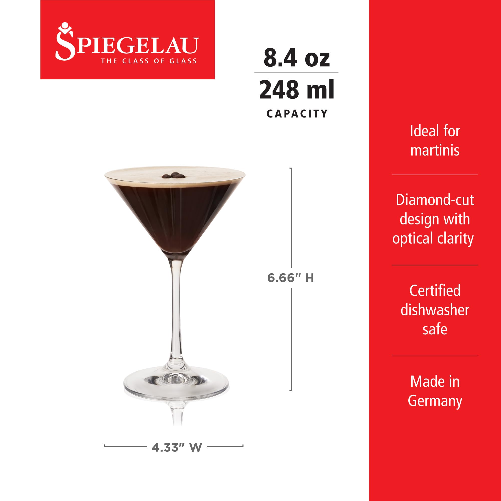 Spiegelau Espresso Martini Glass, Crystal Martini Glasses for Cocktails, Dishwasher Safe, Diamond Cut Glassware for Home Bar, 8.4 oz, Set of 4