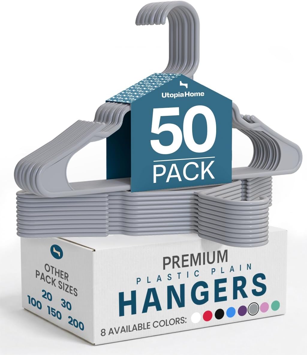 Utopia Home Plastic Hangers 50 Pack - Durable Space-Saving Clothes Hangers - Grey Closet Organizers