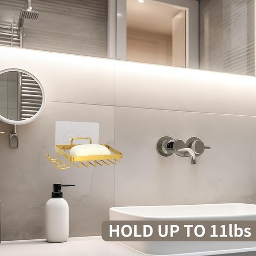 Snailhouse Soap Dish for Shower, Wall Self Draining Adhesive Hanging Stainless Steel Bathroom Bathtub Bar Soap Holder Tray Caddy with 2 Hooks, Gold
