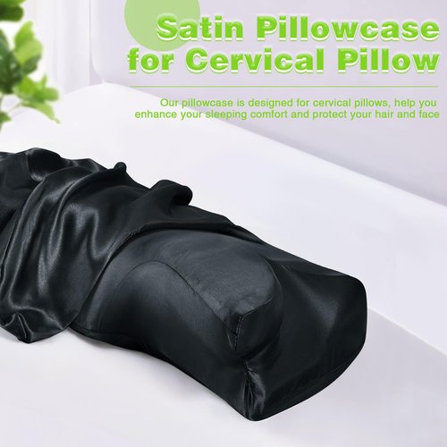 Eychei 2 Pcs Satin Pillowcase for Cervical Pillow, Black Silky Cervical Pillow Case Contour Pillow Case Cover with Zipper, Smooth Ergonomic Pillowcase for Neck Pillow Cover