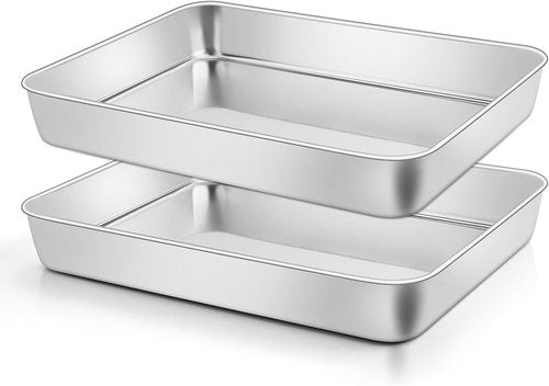 Leonyo Stainless Steel Baking Pans - Nonstick Heavy Duty Set of 2 | Deep Rectangular 12⅓ x 9¾ x 2 Inch Bakeware