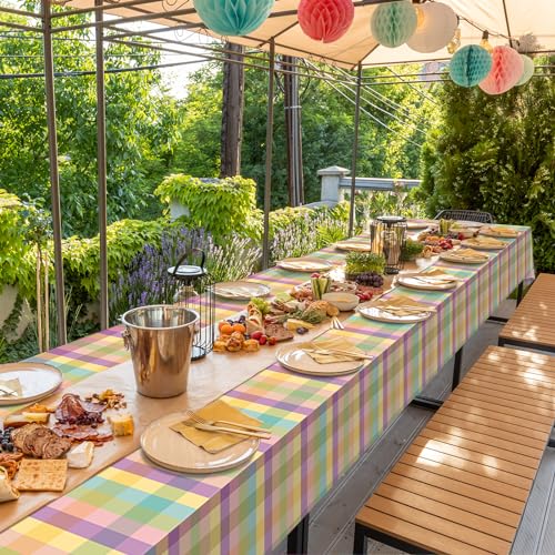 6 Pack Easter Buffalo Plaid Tablecloths - 54x108 Inches, Purple Green Yellow