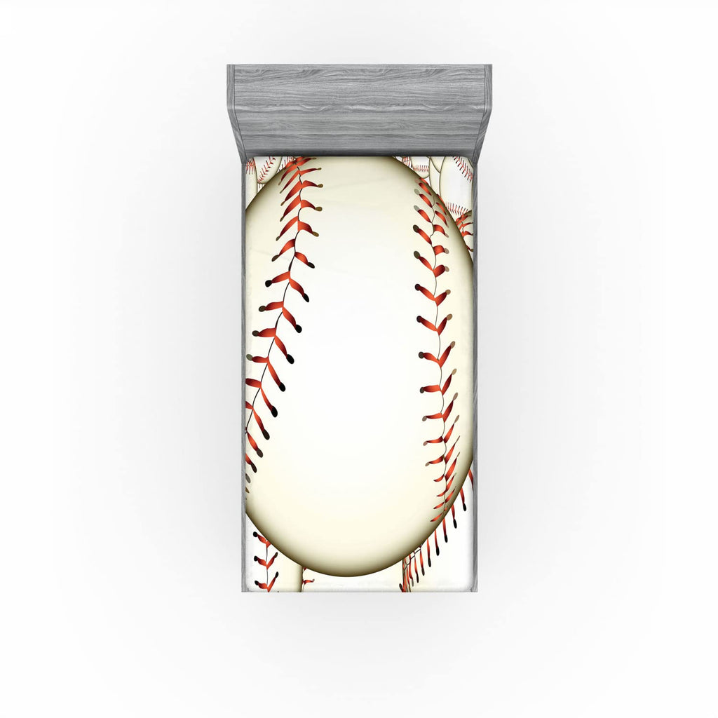 Ambesonne Baseball Fitted Sheet, Pattern of Baseball Balls Background Home Run Rules of The Game Success Score Print, Bed Cover with All-Round Elastic Deep Pocket for Comfort, Twin Size, Cream Red
