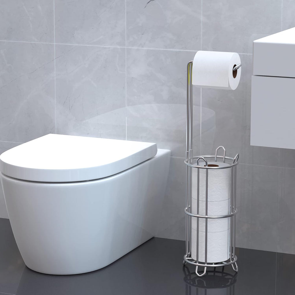 Meangood Toilet Paper Holder Stand - Free Standing Tissue Roll Dispenser for 4 Mega Rolls | Metal Wire Silver
