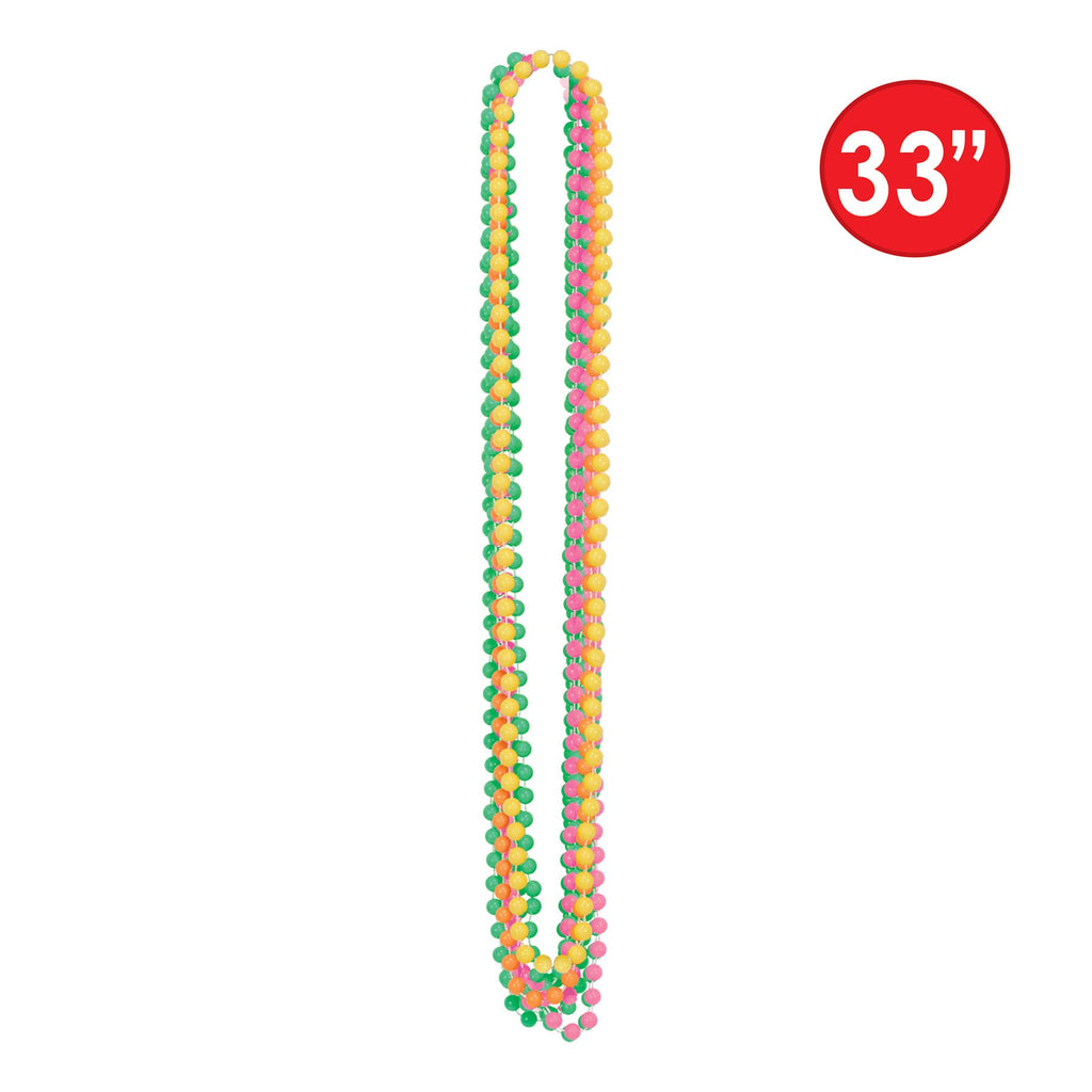 Beistle Neon Party Beads – 24 Pack Bright Round Ball Necklaces in Assorted Yellow, Green, Pink & Orange for Discos, Glow Parties, Mardi Gras, 70s, 80s and 90s Decade Theme, Festivals and Parades, 33"