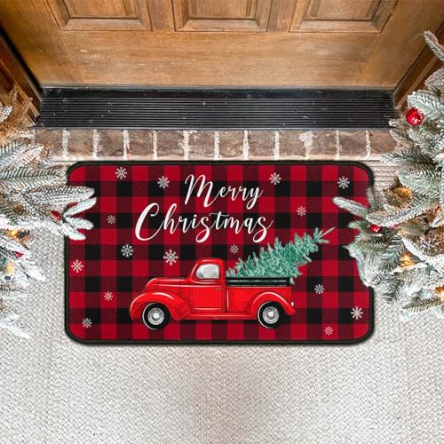 Christmas Red Truck Kitchen Rugs Set - Buffalo Plaid Non Slip Mat & Rug