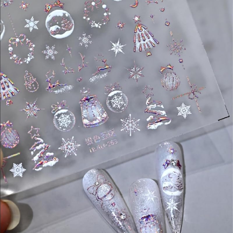 5D Embossed Christmas Nail Stickers Pink Snowflake Tree Nail Decals