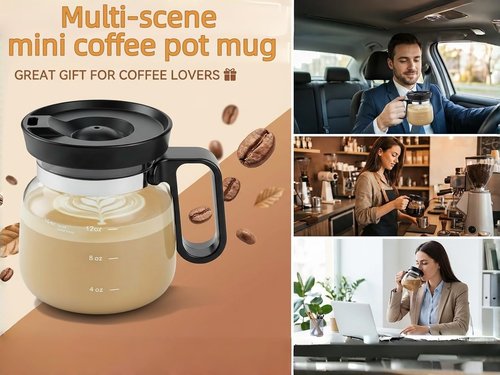 Coffee Pot Mug with Lid,16 Oz Glass Mini Coffee Cup | Spill Proof Heatproof Large Capacity Clear Travel Mug & Novelty Gift for Coffee Lovers & Office Desk (Coffee Pot-1 PCS)