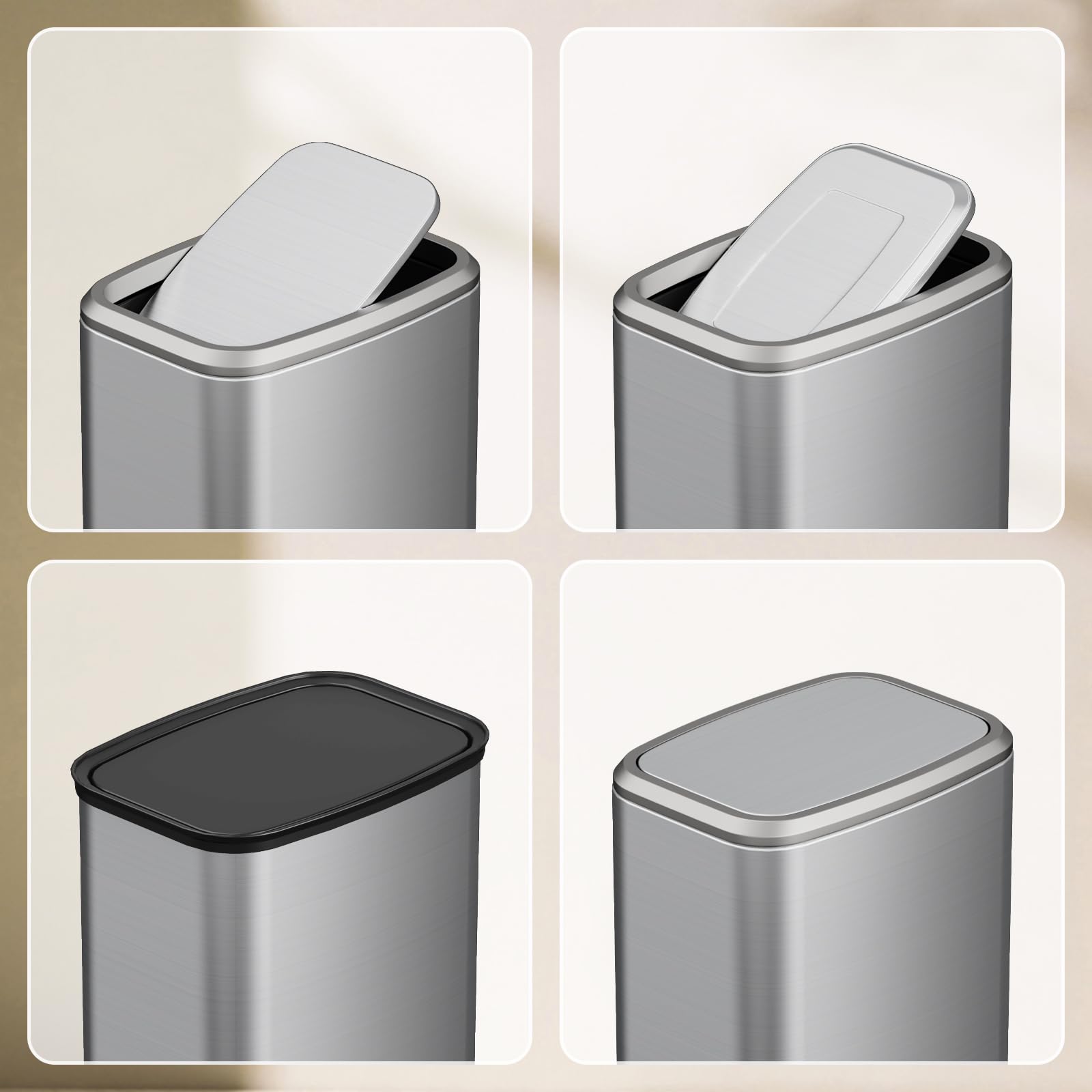 KHMMGK 8L/2.1 Gal Small Bathroom Trash Can with Lid, Swing-Top Rectangular Waste Bin, Stainless Steel Garbage Can for Home, Office, Toilet, Bedroom, Living Room (Silver)