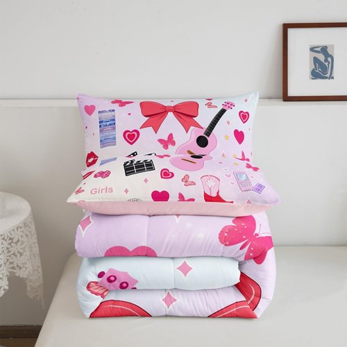 Erosebridal Music Themed Full Bedding Set,Guitar Singer Vinyl Record Comforter Set for Girls Kids,Pink Disco Ball Quilt Bed Set Red Bow Butterfly Bedding Comforter Sets,2 Pillowcases Room Decor