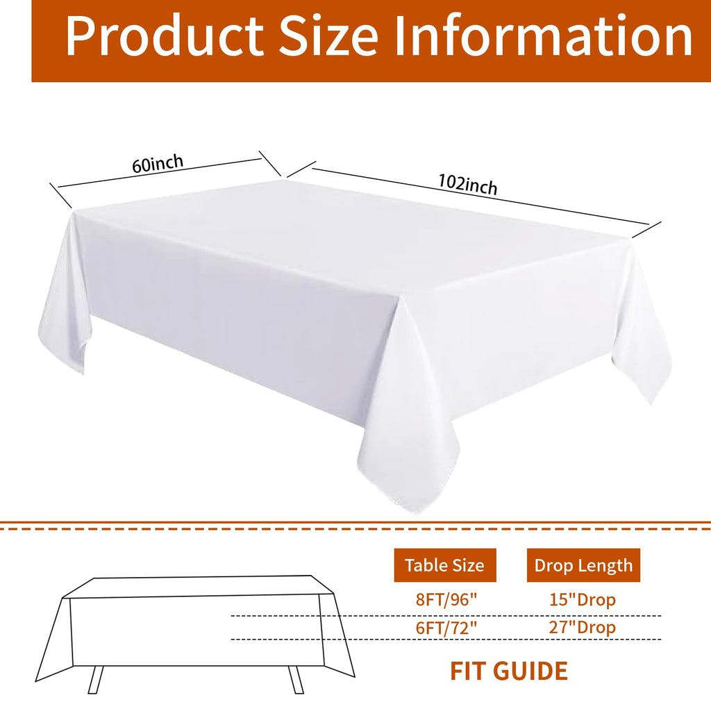 TUOTPE 10 Pack White Square Tablecloths, 60 x 102 Inch Stain Resistant and Wrinkle Polyester Fabric Washable Table Clothes Cover for 6 Foot Table, Wedding, Reception Banquet, Birthday Party