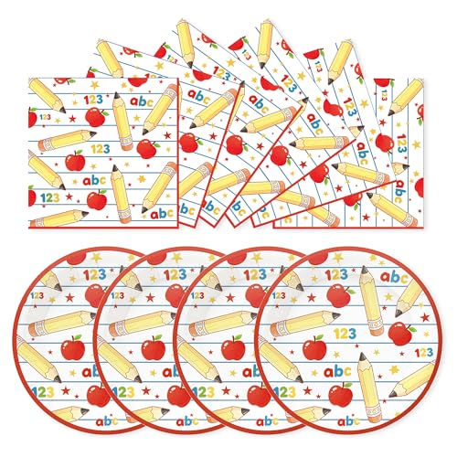 Back to School Plates & Napkins Set - 50 Pcs Apple Pencil Design