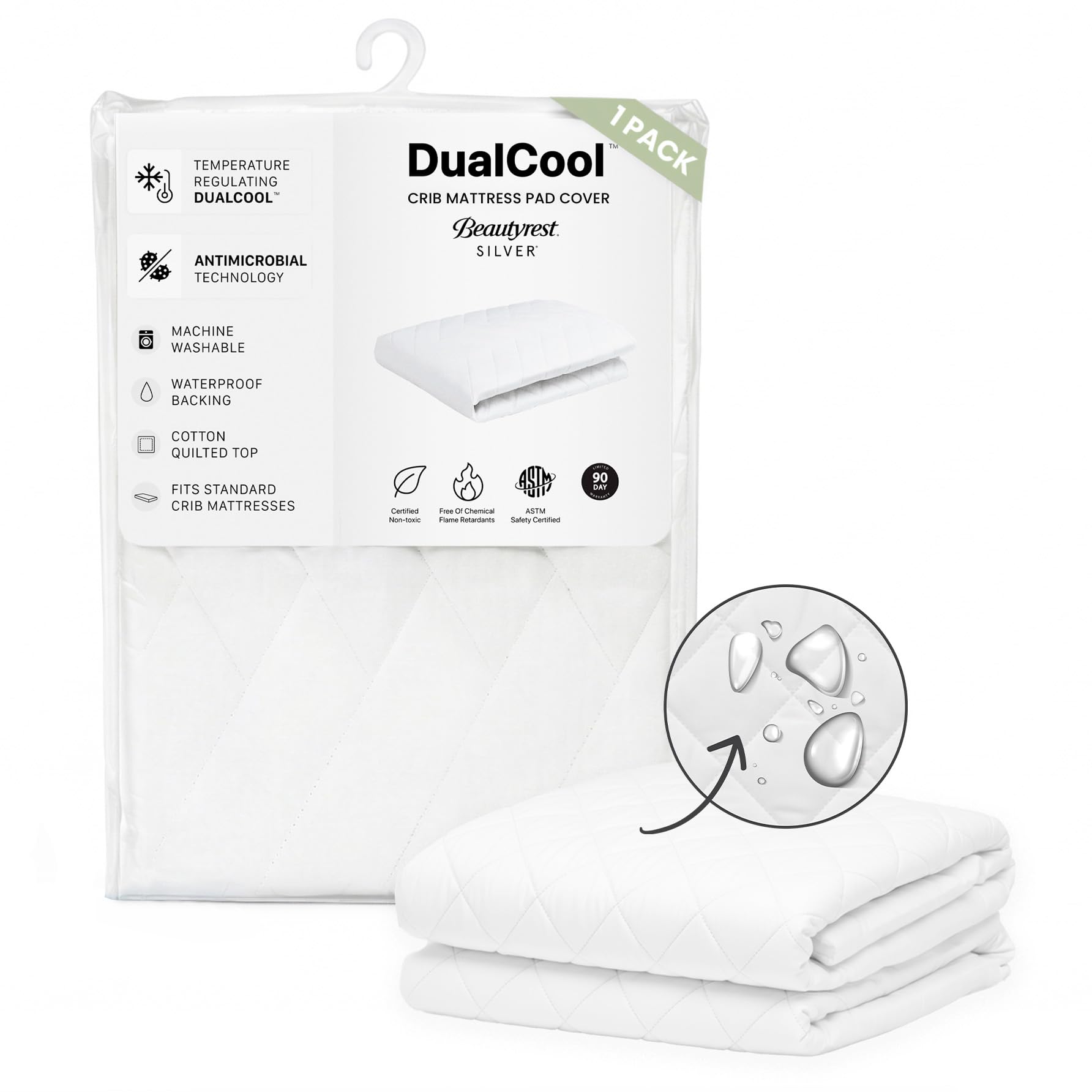 Beautyrest Kids Silver DualCool Technology Fitted Baby Crib Mattress Pad Cover | Waterproof | 52” x 28” | Machine Washable, White.