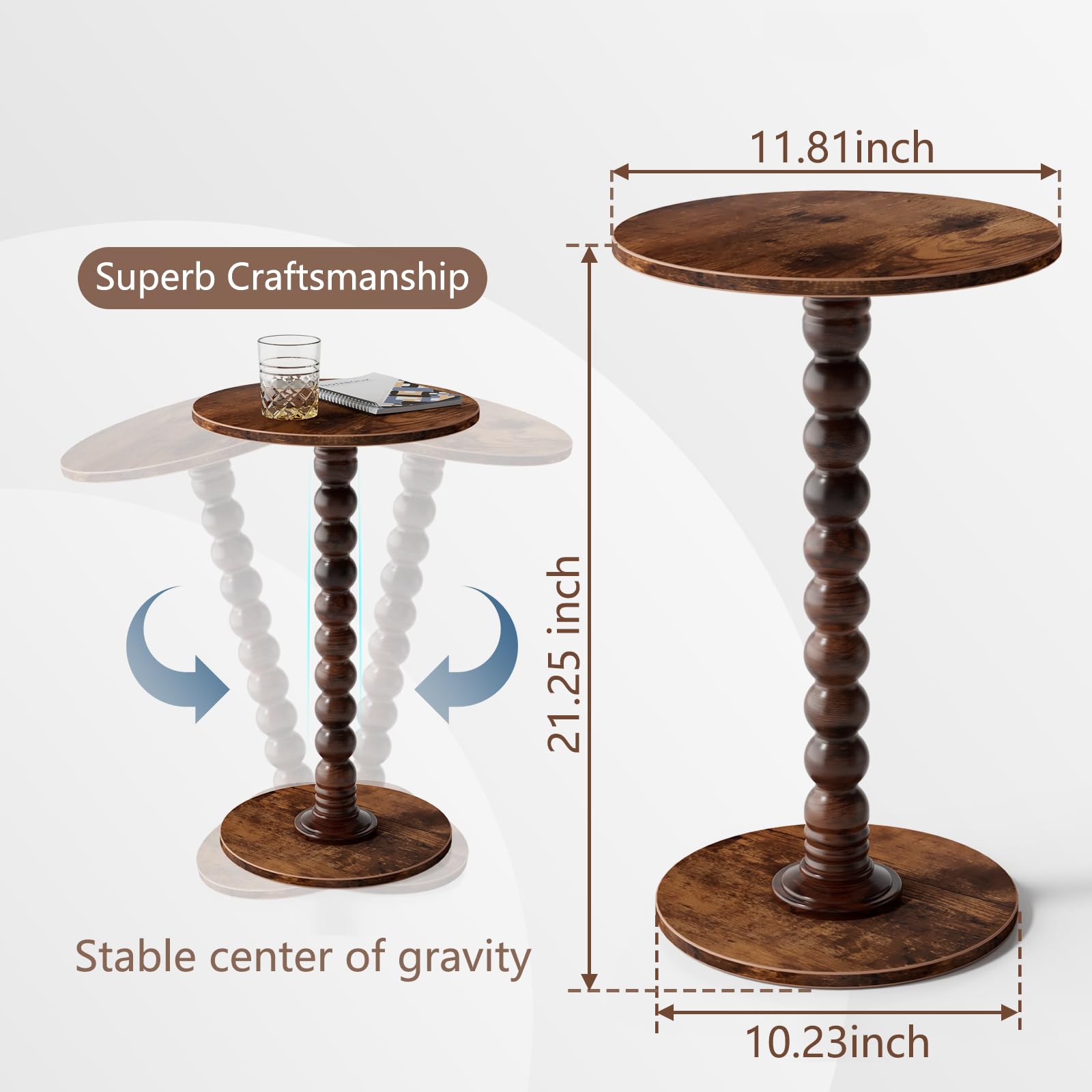Yaoyiizy Drink Table, Drink Tables for Small Spaces, Modern Accent Nightstand with Solid Wood Leg for Living Room, Bedroom, Bathroom, Brown