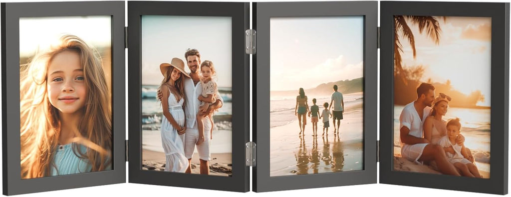 WARM&LOVE 4x6 Rustic Wood Photo Frame - Four Folding Hinged Collage Stand for Family Memories | Black