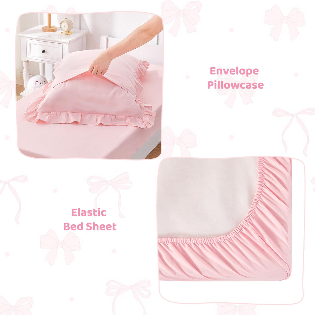 Wowelife Princess Toddler Bedding Set for Girls, Boho Toddler Bed Set, 4 Pieces Ruffles Jacquard Embroidery Toddler Comforter with Comforter, Fitted Sheet, Flat Sheet and Pillowcase, Pink