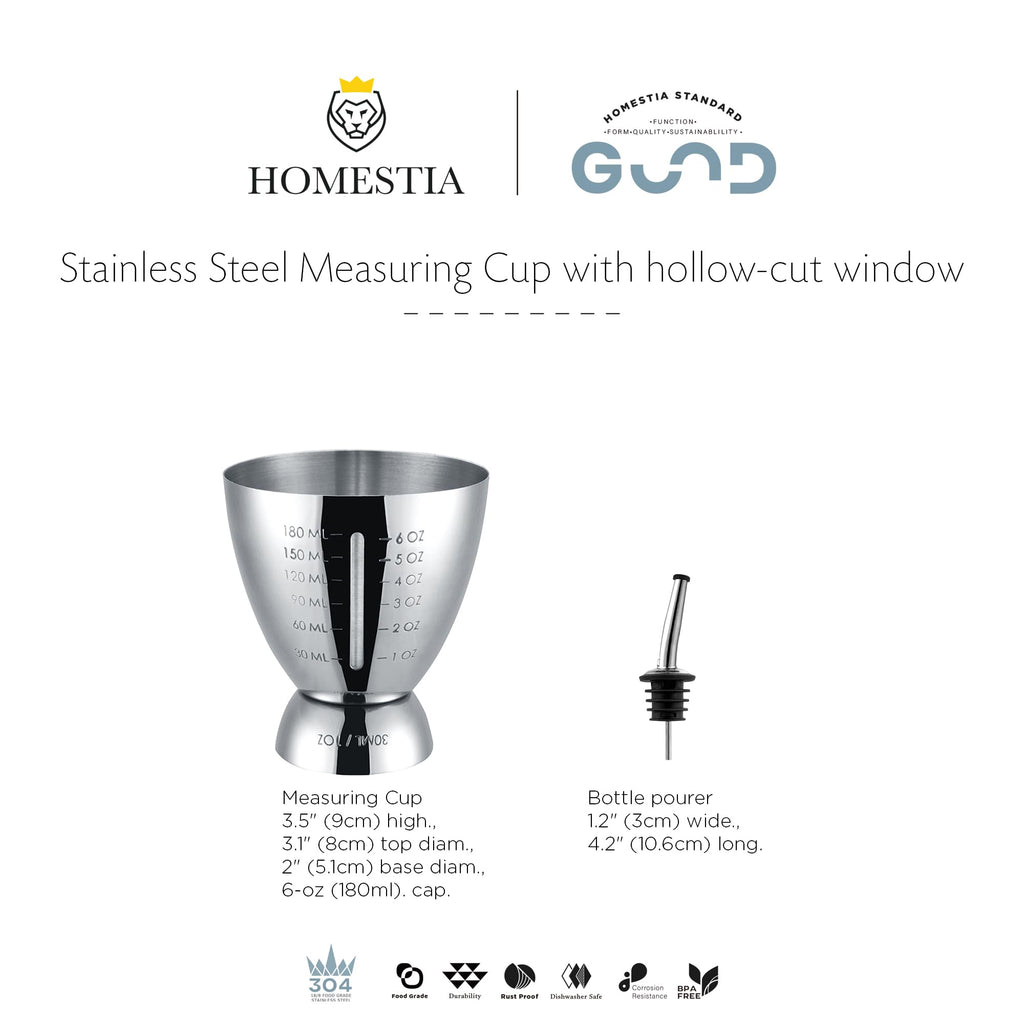 Homestia 18/8 Stainless Steel Double Jigger for Bartending, Cocktail Measuring Jigger for Bartender with Graduated Marking 1 oz to 6 oz Heavy Duty Shot Measure Cup With 1 Pourer (Set of 2)