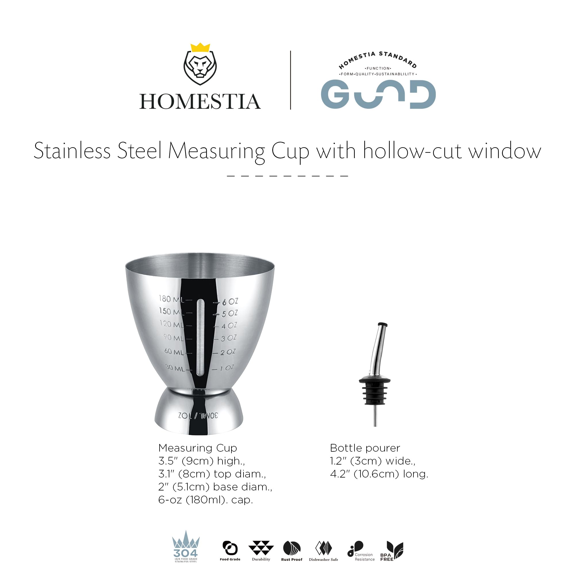 Homestia 18/8 Stainless Steel Double Jigger for Bartending, Cocktail Measuring Jigger for Bartender with Graduated Marking 1 oz to 6 oz Heavy Duty Shot Measure Cup With 1 Pourer (Set of 2)